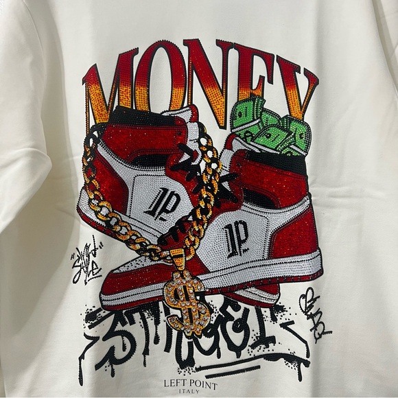 Left Point Sweatshirt Money Sneakers Graffiti Rhinestones Y2K 90s Streetwear 3XL - Picture 4 of 16